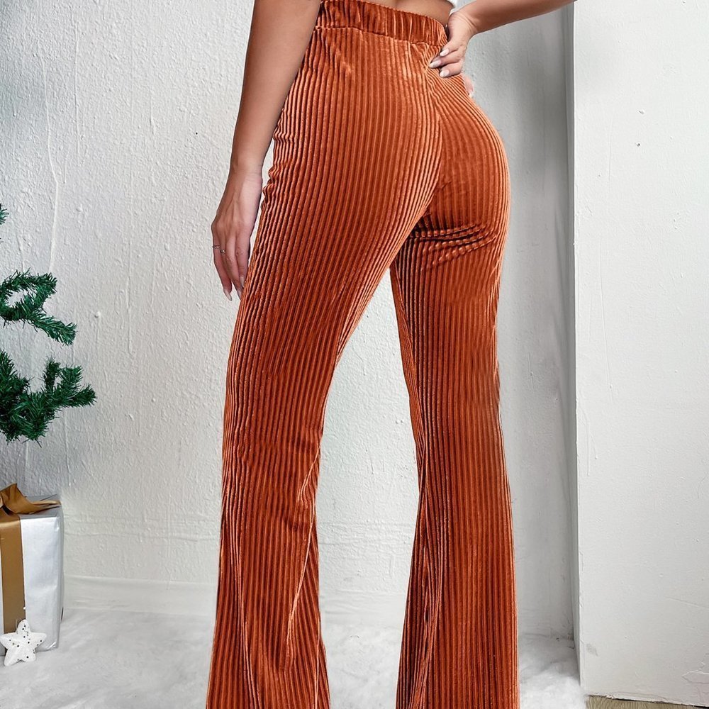Orange Casual Womens Elastic Waist Flare Leg Pants - Picture 5 of 5